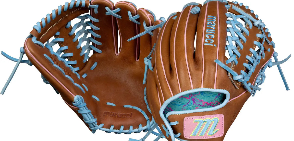 marucci-mfg2cyfp46a6-tf-cb-r-brown-light-blue-pink-fastpitch-softball-glove-palm-and-back-views