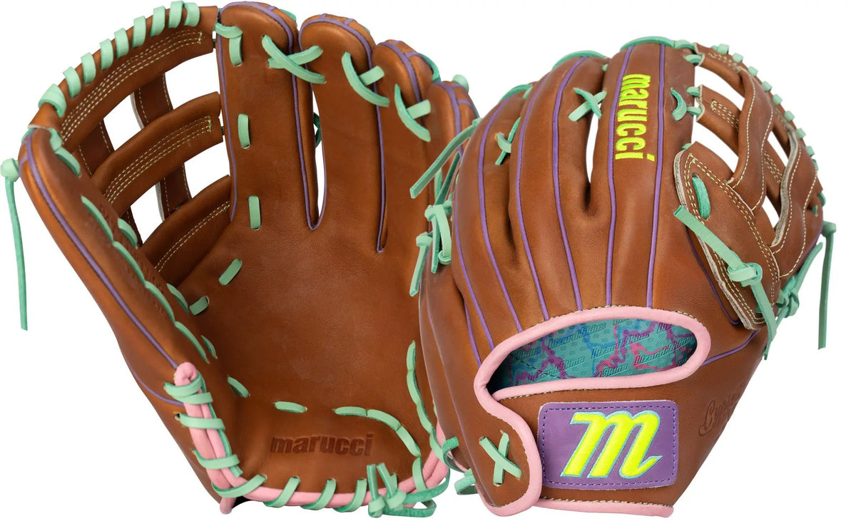 marucci-mfg2cyfp97r3-tf-mt-brown-mint-purple-pink-fastpitch-softball-glove-palm-and-back-views