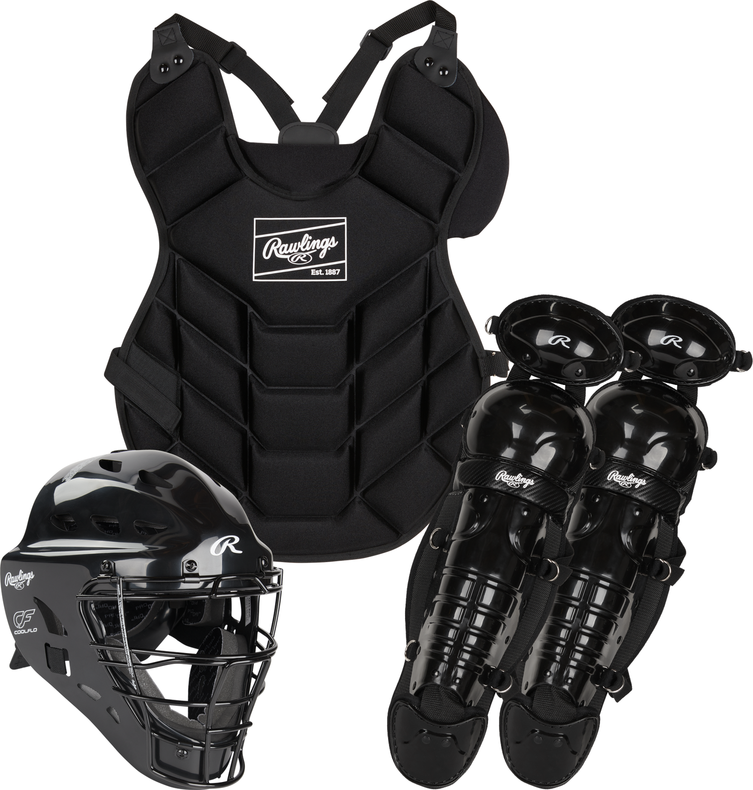 Rawlings-Players-Series-2.0-P2CSY-Youth-Catchers-Set-Helmet-Chest-Protector-Leg-Guards-Black-Front-View