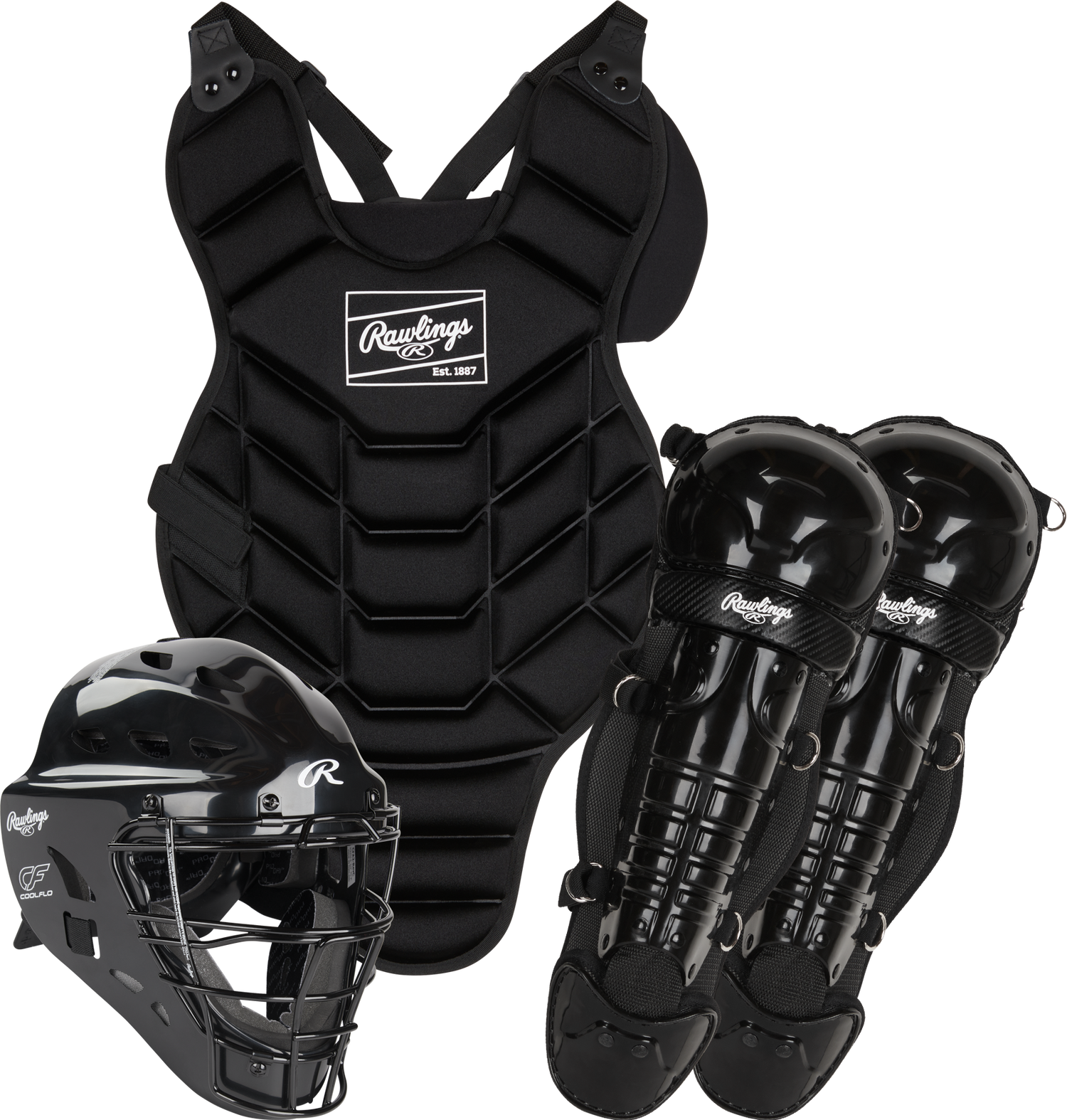 Rawlings-Players-Series-2.0-P2CSJR-Junior-Catchers-Set-Helmet-Chest-Protector-Leg-Guards-Black-Front-View