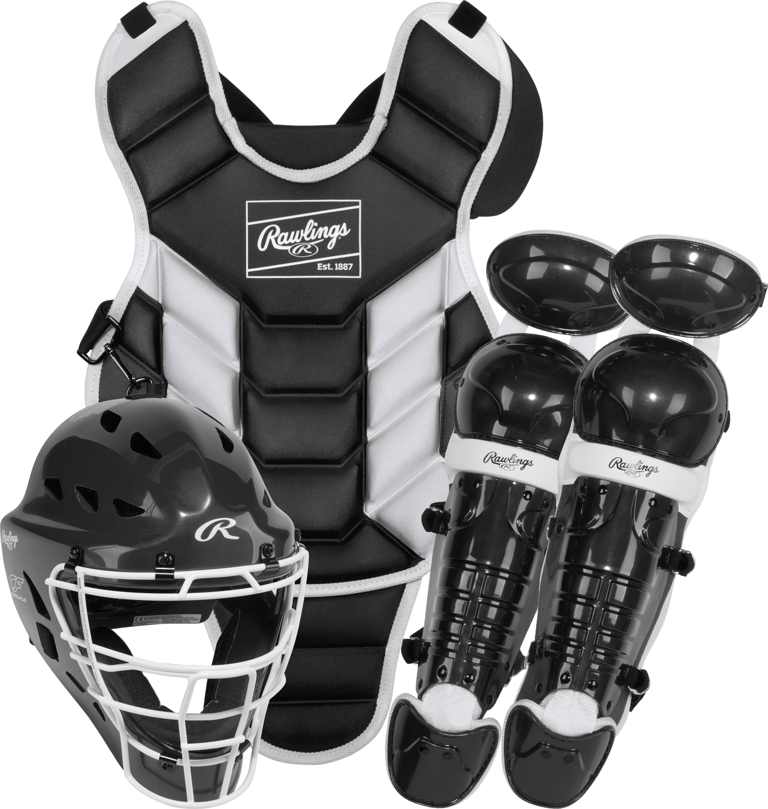 Rawlings-Players-3-Series-PLYCS3Y-Youth-Catchers-Set-Helmet-Chest-Protector-Leg-Guards-Black-White-Front-View