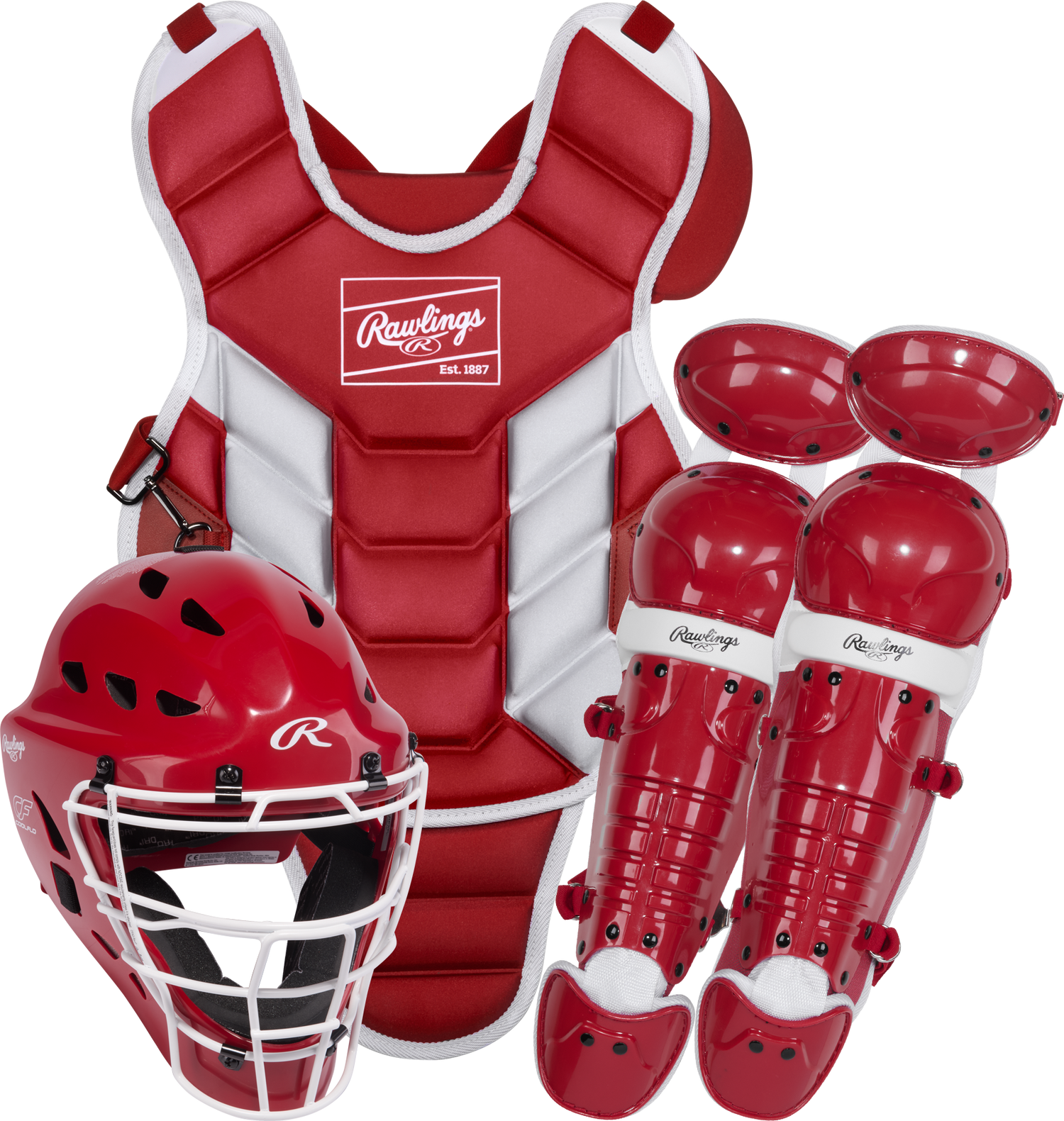 Rawlings-Players-3-Series-PLYCS3T-T-Ball-Catchers-Set-Helmet-Chest-Protector-Leg-Guards-Scarlet-White-Front-View