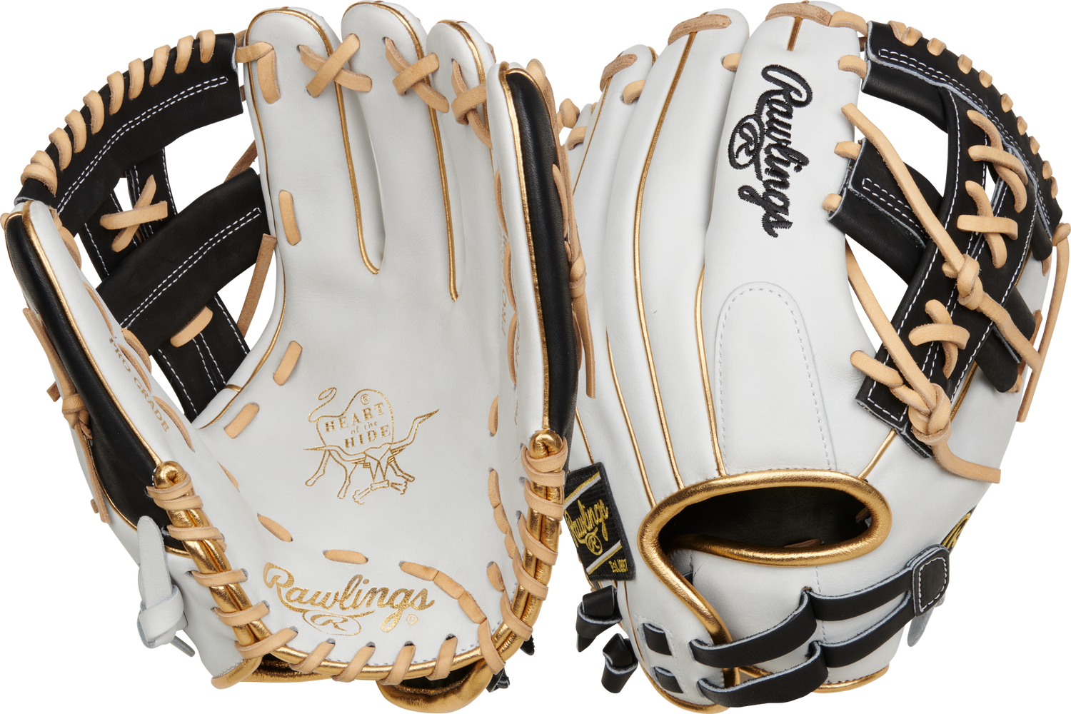 Rawlings-Heart-of-the-Hide-PRO120SB-32W-12-Inch-White-Black-Gold-Fastpitch-Softball-Infield-Glove-Front-Back-View