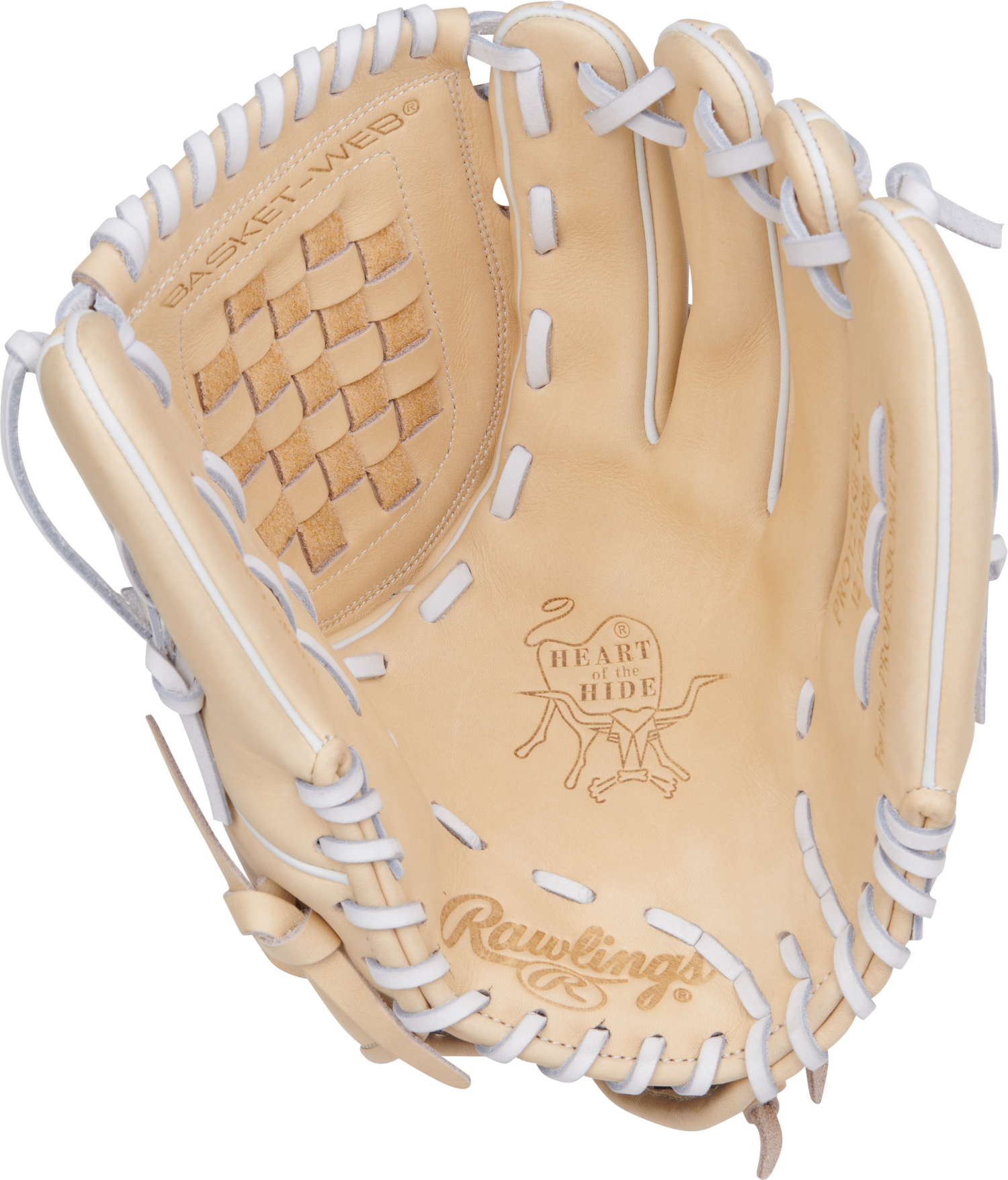Rawlings-Heart-of-the-Hide-PRO125SB-3C-12-5-Inch-Camel-White-Basket-Web-Fastpitch-Softball-Glove-Front-Back-View