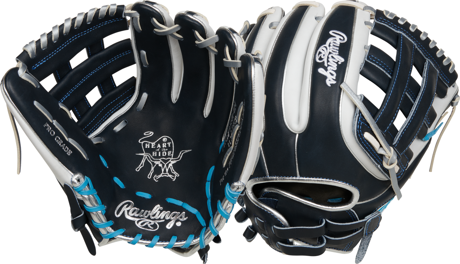 Rawlings-Heart-of-the-Hide-PRO715SB-6N-11-75-Inch-Navy-White-Columbia-Blue-Fastpitch-Softball-Infield-Glove-Front-Back-View
