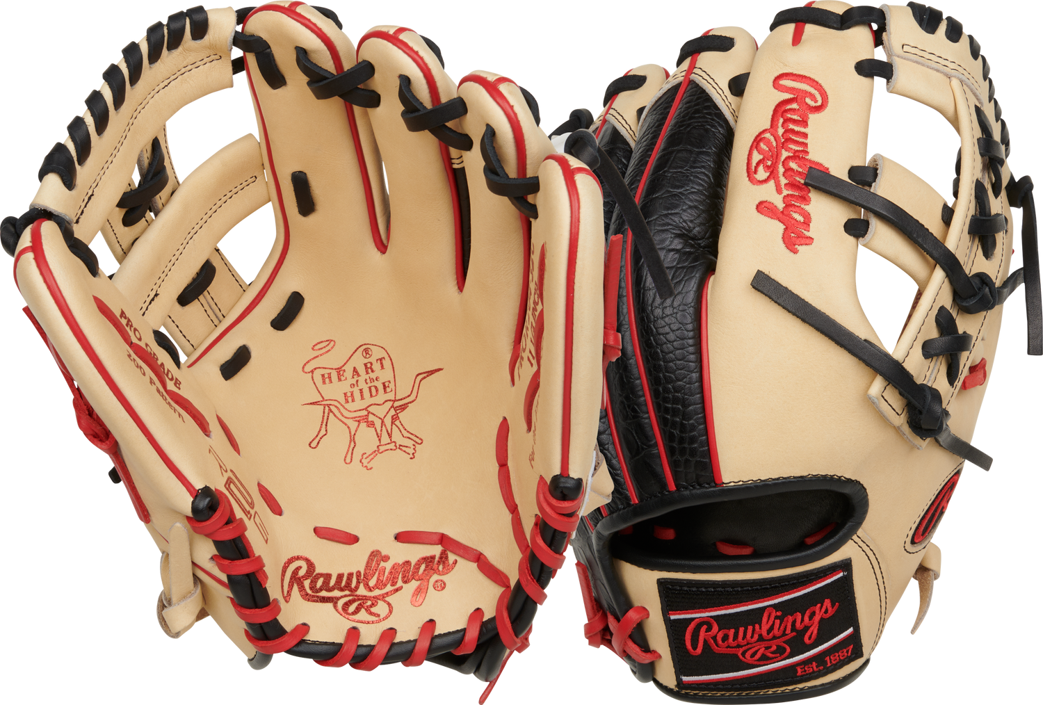 Rawlings-Heart-of-the-Hide-PROR204-32C-11-5-Inch-Croc-Skin-Camel-Black-Red-Infield-Baseball-Glove-Front-Back-View