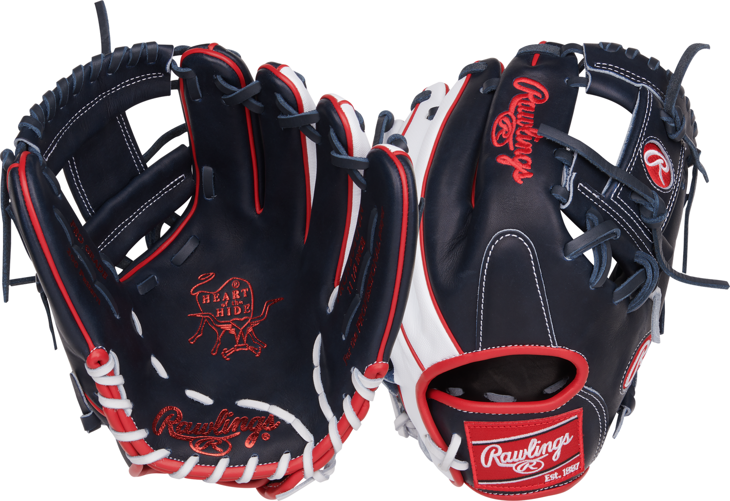 Rawlings-Heart-of-the-Hide-PROR204U-2N-11-5-Inch-Navy-White-Red-ContoUR-Infield-Baseball-Glove-Front-Back-View