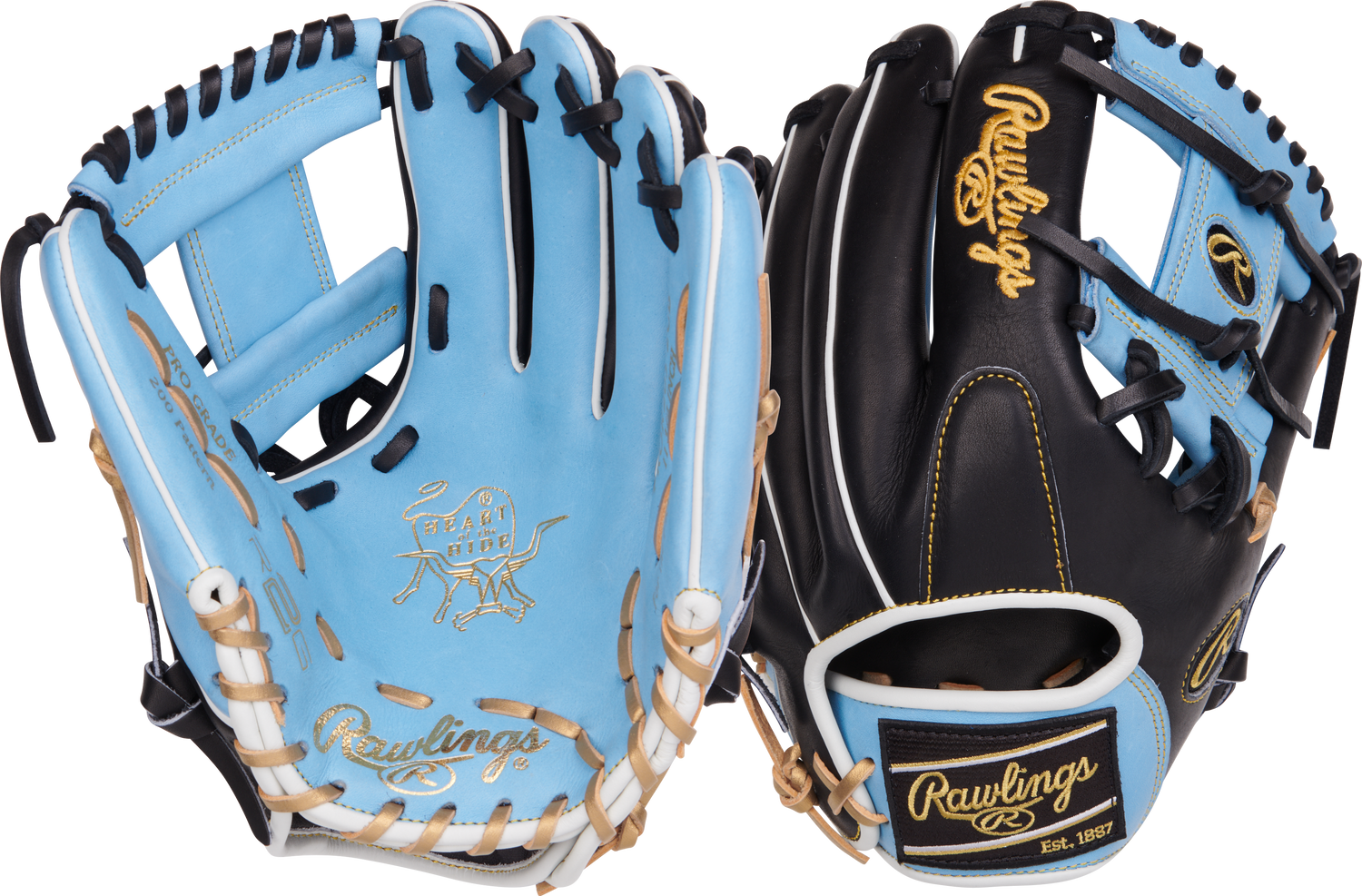 Rawlings-Heart-of-the-Hide-PROR205-2CB-11-75-Inch-Columbia-Blue-Black-Infield-Baseball-Glove-Front-Back-View