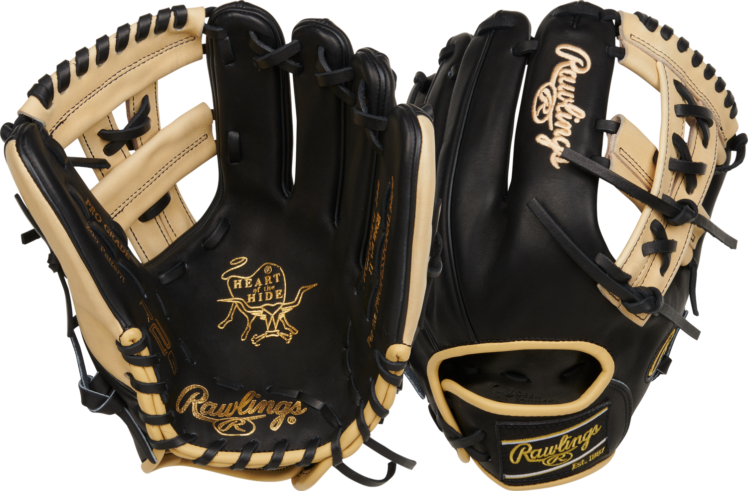 Rawlings-Heart-of-the-Hide-PROR205U-32B-11-75-Inch-Black-Camel-ContoUR-Infield-Baseball-Glove-Front-Back-View