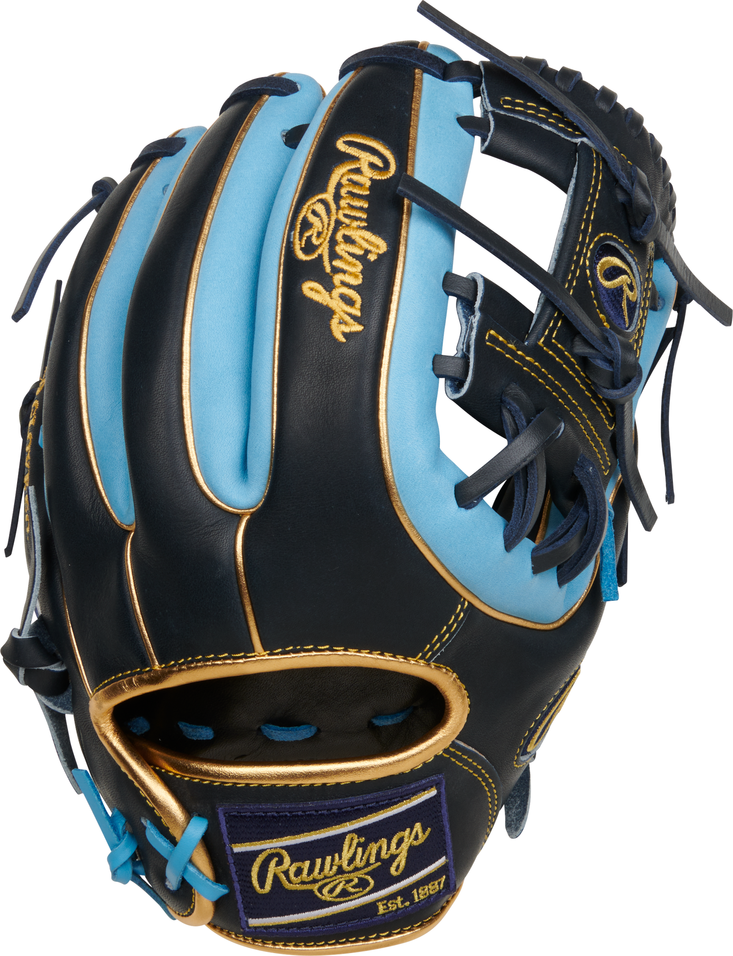 Rawlings-Heart-of-the-Hide-PROR314-2NCB-11-5-Inch-Navy-Columbia-Blue-Gold-Infield-Baseball-Glove-Front-Back-View