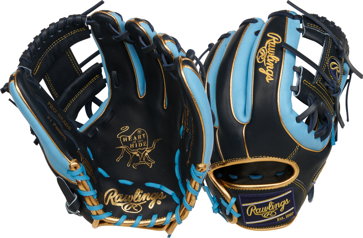 Rawlings-Heart-of-the-Hide-PROR314-2NCB-11-5-Inch-Navy-Columbia-Blue-Gold-Infield-Baseball-Glove-Front-Back-View