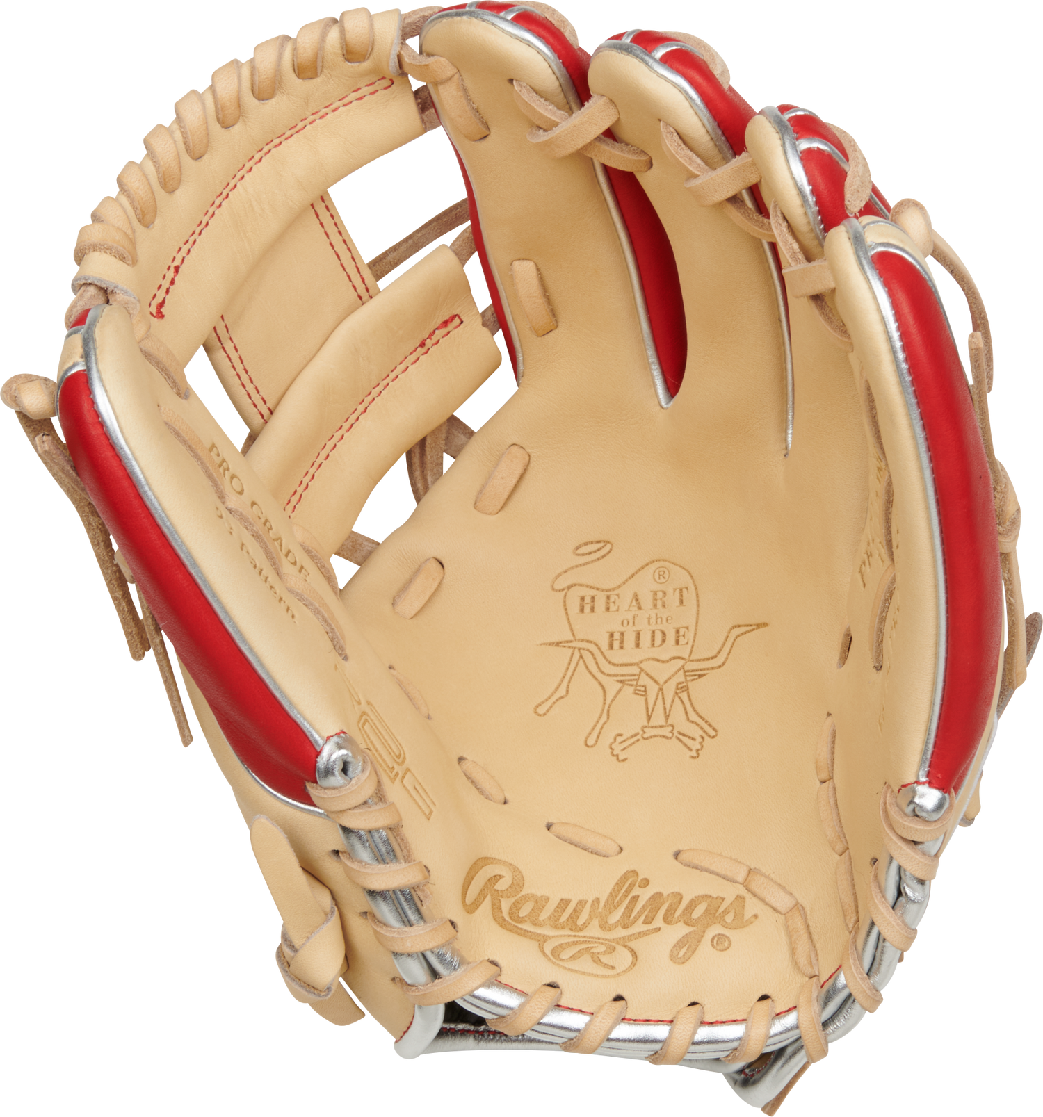 Rawlings-Heart-of-the-Hide-PROR934-2CS-11-5-Inch-Camel-Scarlet-Silver-Infield-Baseball-Glove-Front-Back-View