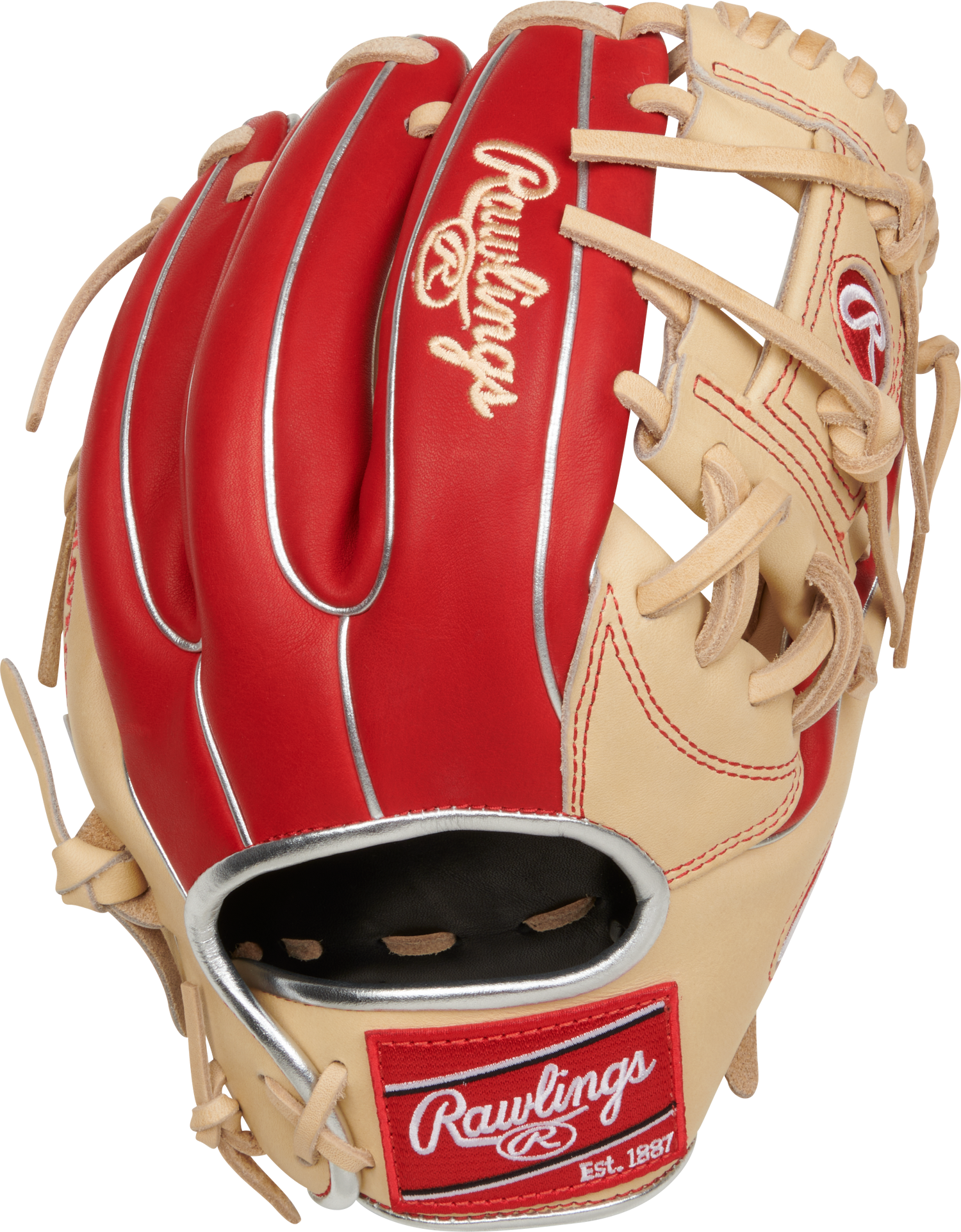 Rawlings-Heart-of-the-Hide-PROR934-2CS-11-5-Inch-Camel-Scarlet-Silver-Infield-Baseball-Glove-Front-Back-View
