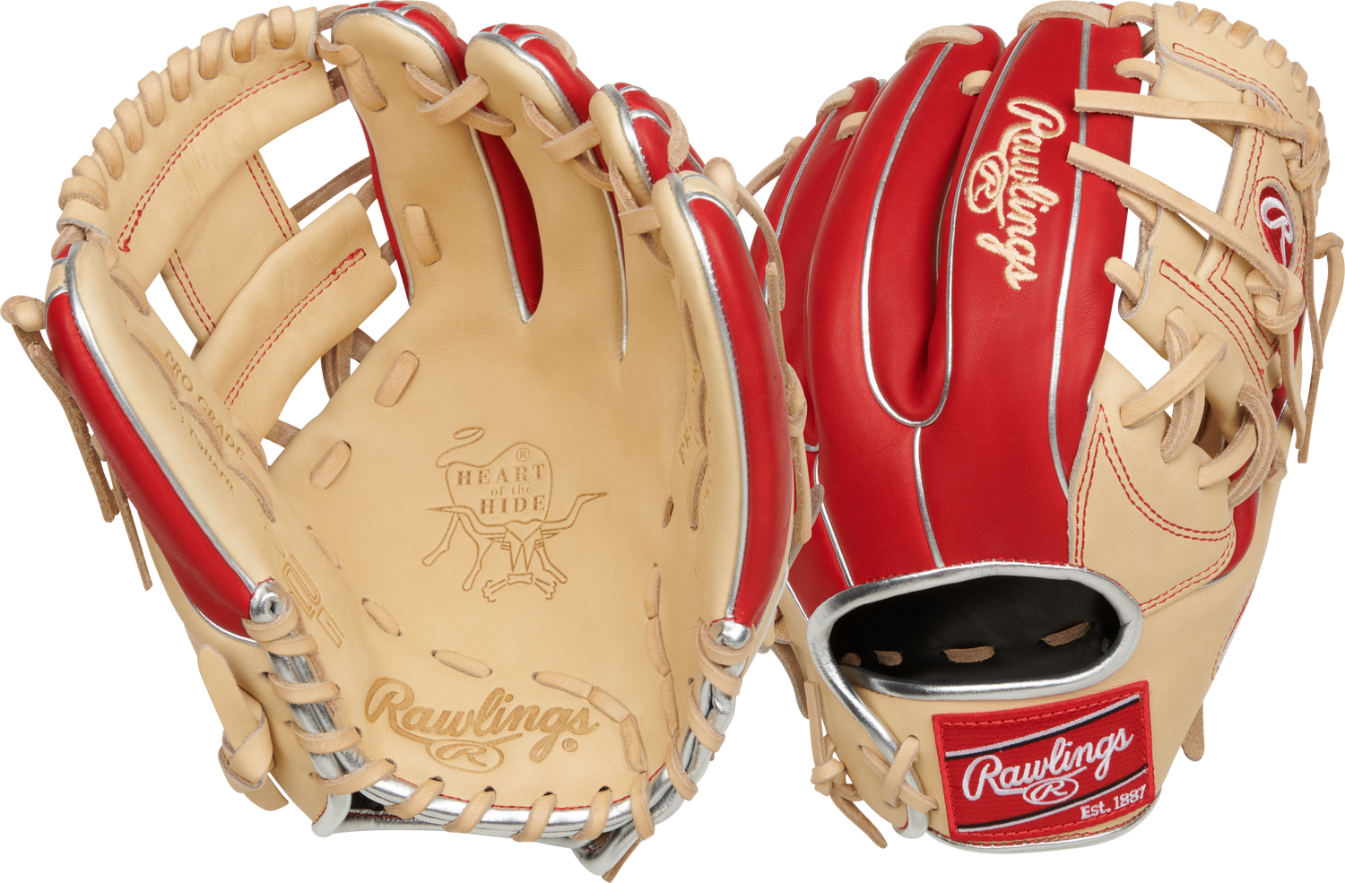 Rawlings-Heart-of-the-Hide-PROR934-2CS-11-5-Inch-Camel-Scarlet-Silver-Infield-Baseball-Glove-Front-Back-View