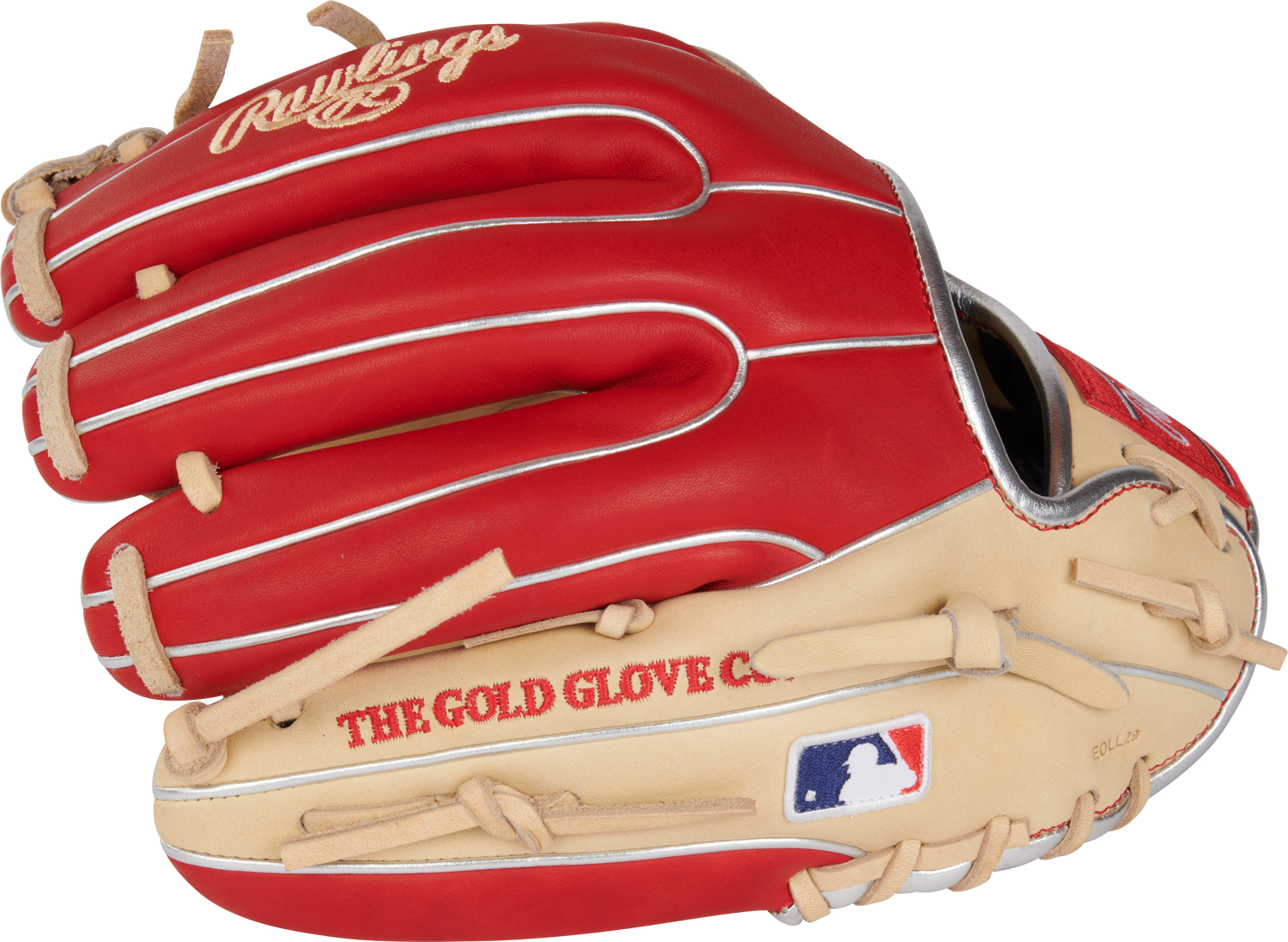 Rawlings-Heart-of-the-Hide-PROR934-2CS-11-5-Inch-Camel-Scarlet-Silver-Infield-Baseball-Glove-Front-Back-View