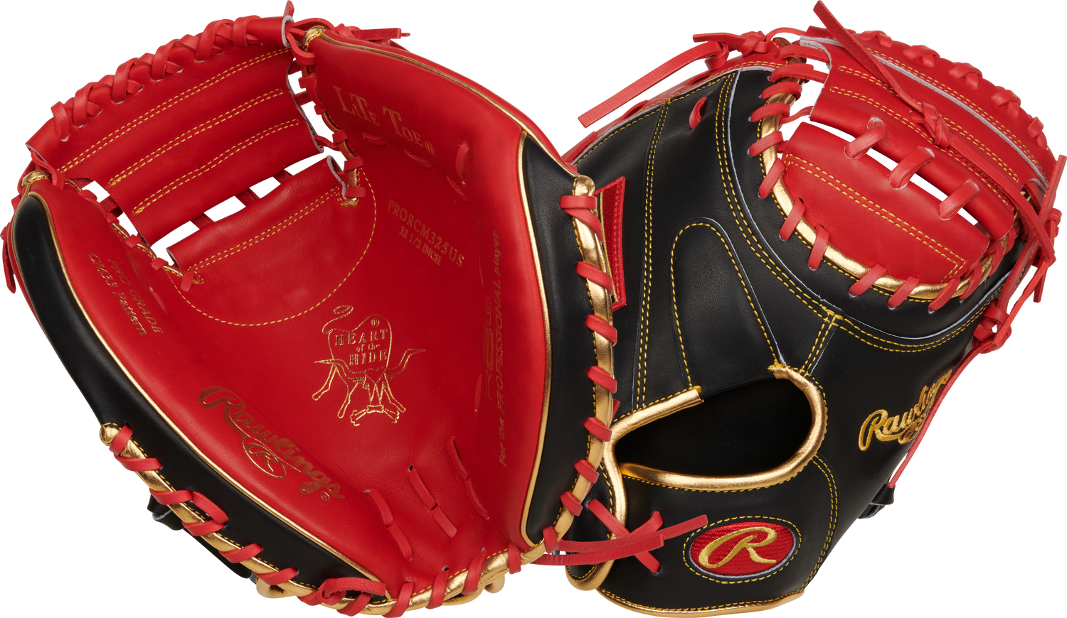 Rawlings-Heart-of-the-Hide-PRORCM325US-32-5-Inch-Black-Red-Gold-ContoUR-Catchers-Mitt-Front-Back-View