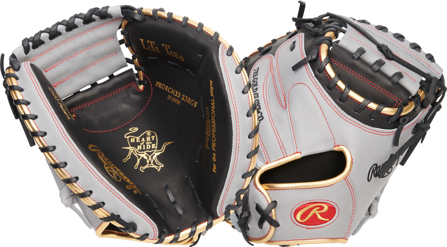 Rawlings-Heart-of-the-Hide-PRORCM33-23BGS-33-Inch-Gray-Black-Gold-Gary-Sanchez-Catchers-Mitt-Front-Back-View