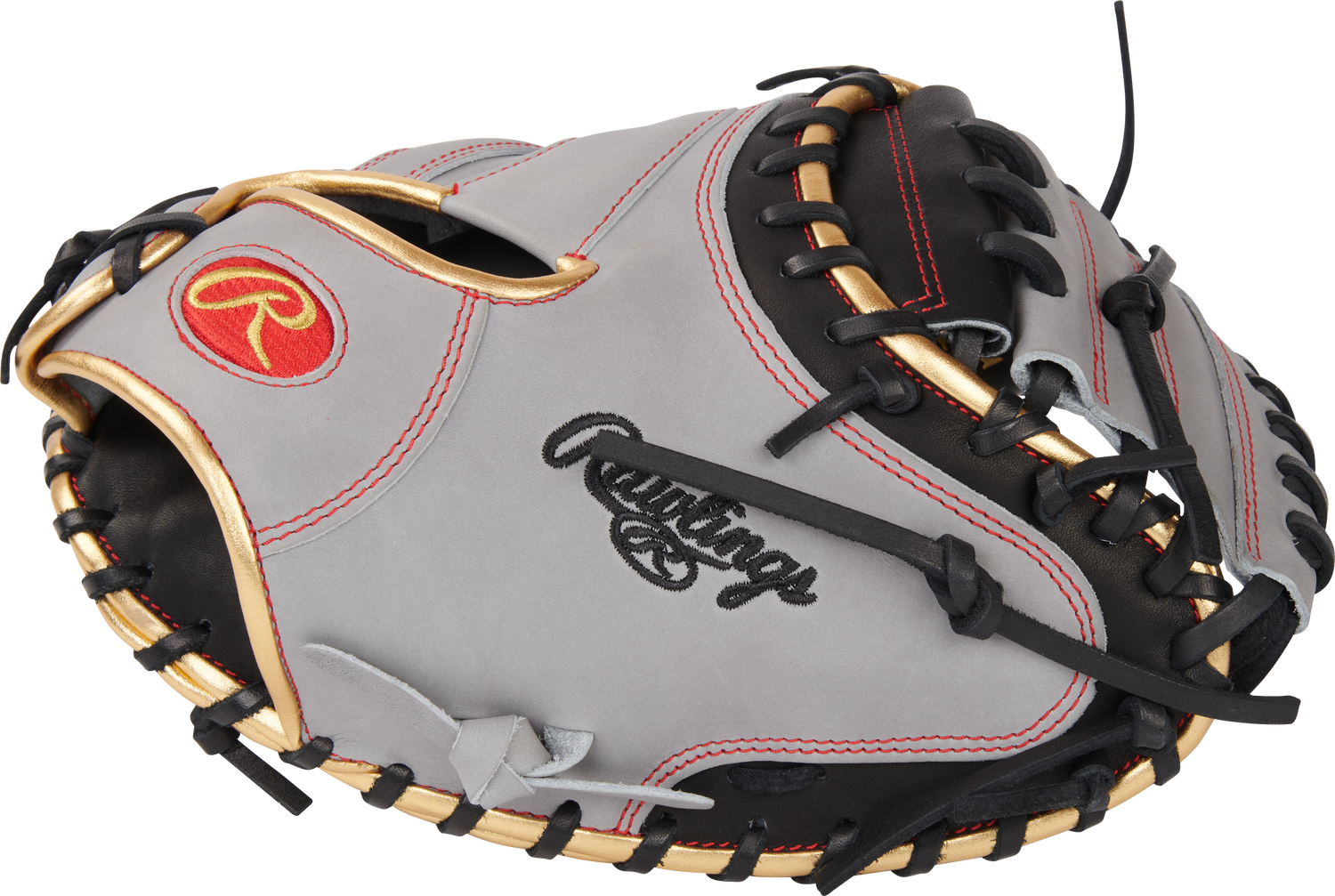 Rawlings-Heart-of-the-Hide-PRORCM33-23BGS-33-Inch-Gray-Black-Gold-Gary-Sanchez-Catchers-Mitt-Front-Back-View