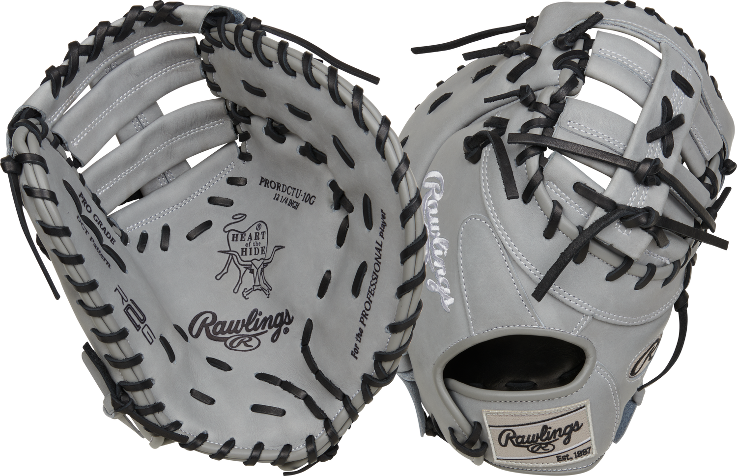 Rawlings-Heart-of-the-Hide-PRORDCTU-10G-12-25-Inch-Gray-Black-ContoUR-First-Base-Mitt-Front-Back-View