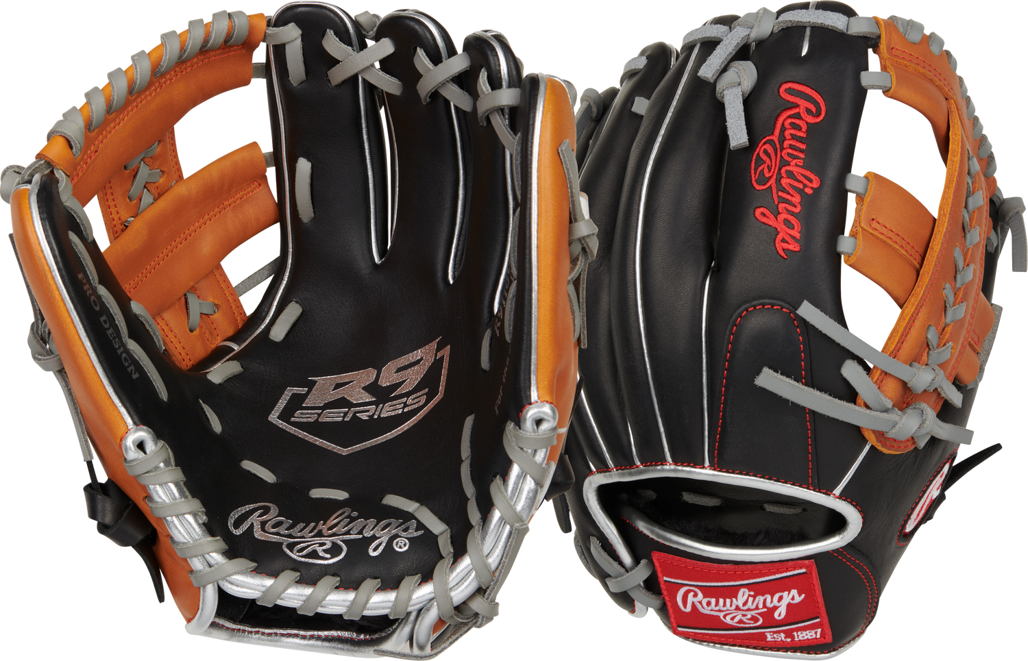 Rawlings-R9-Series-R9110U-19BT-11-Inch-Black-Tan-Gray-ContoUR-Youth-Infield-Baseball-Glove-Front-Back-View