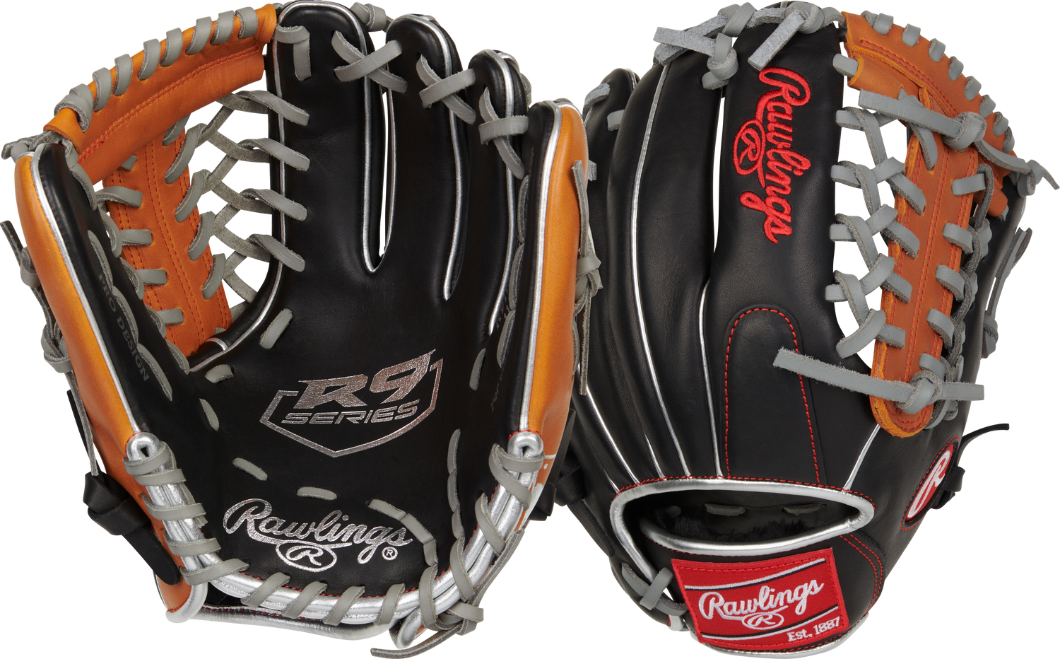 Rawlings-R9-Series-R9115U-4BT-11-5-Inch-Black-Tan-Gray-ContoUR-Youth-Infield-Baseball-Glove-Front-Back-View