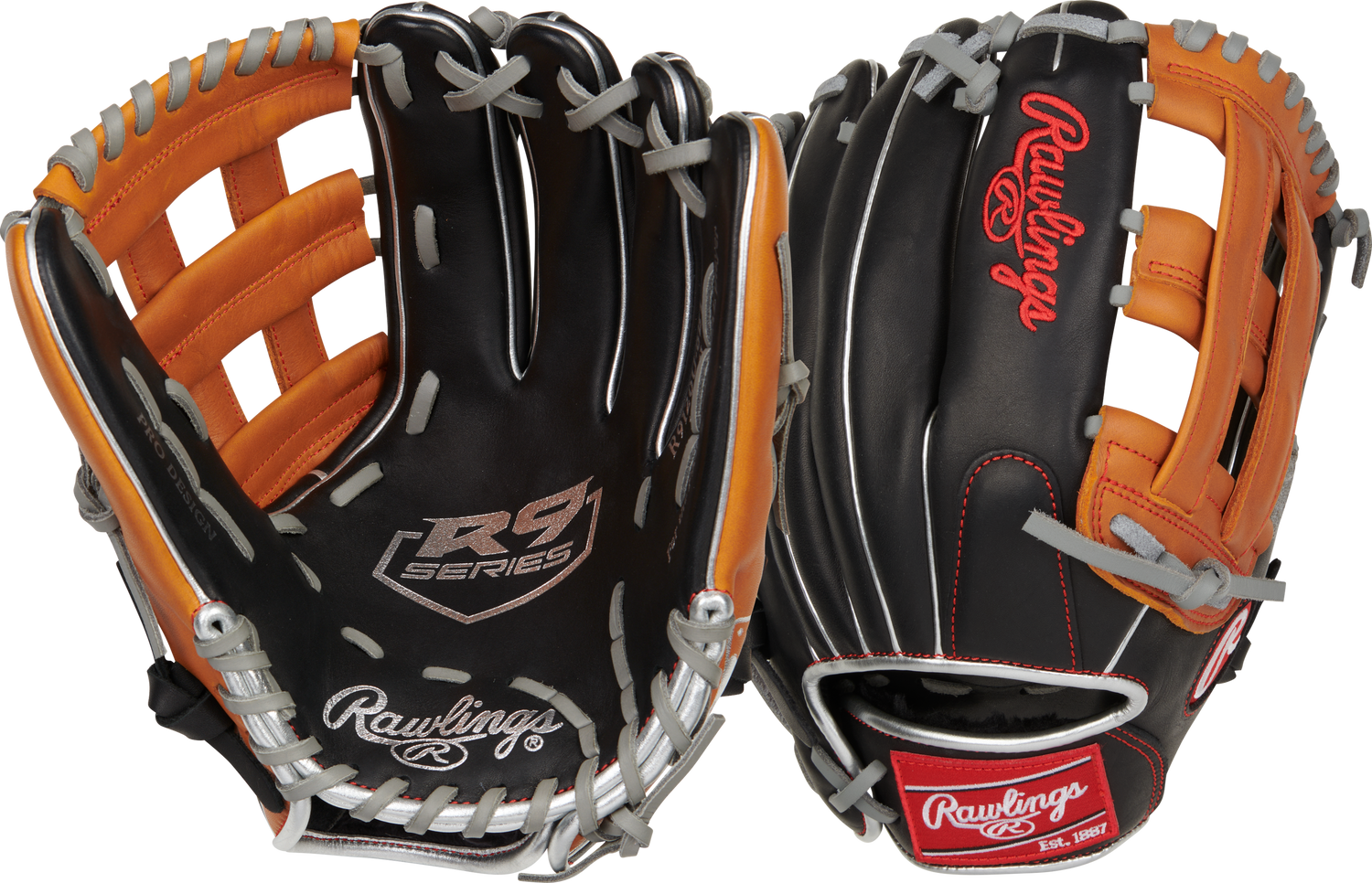 Rawlings-R9-Series-R9120U-6BT-12-Inch-Black-Tan-Gray-ContoUR-Youth-Baseball-Glove-Front-Back-View