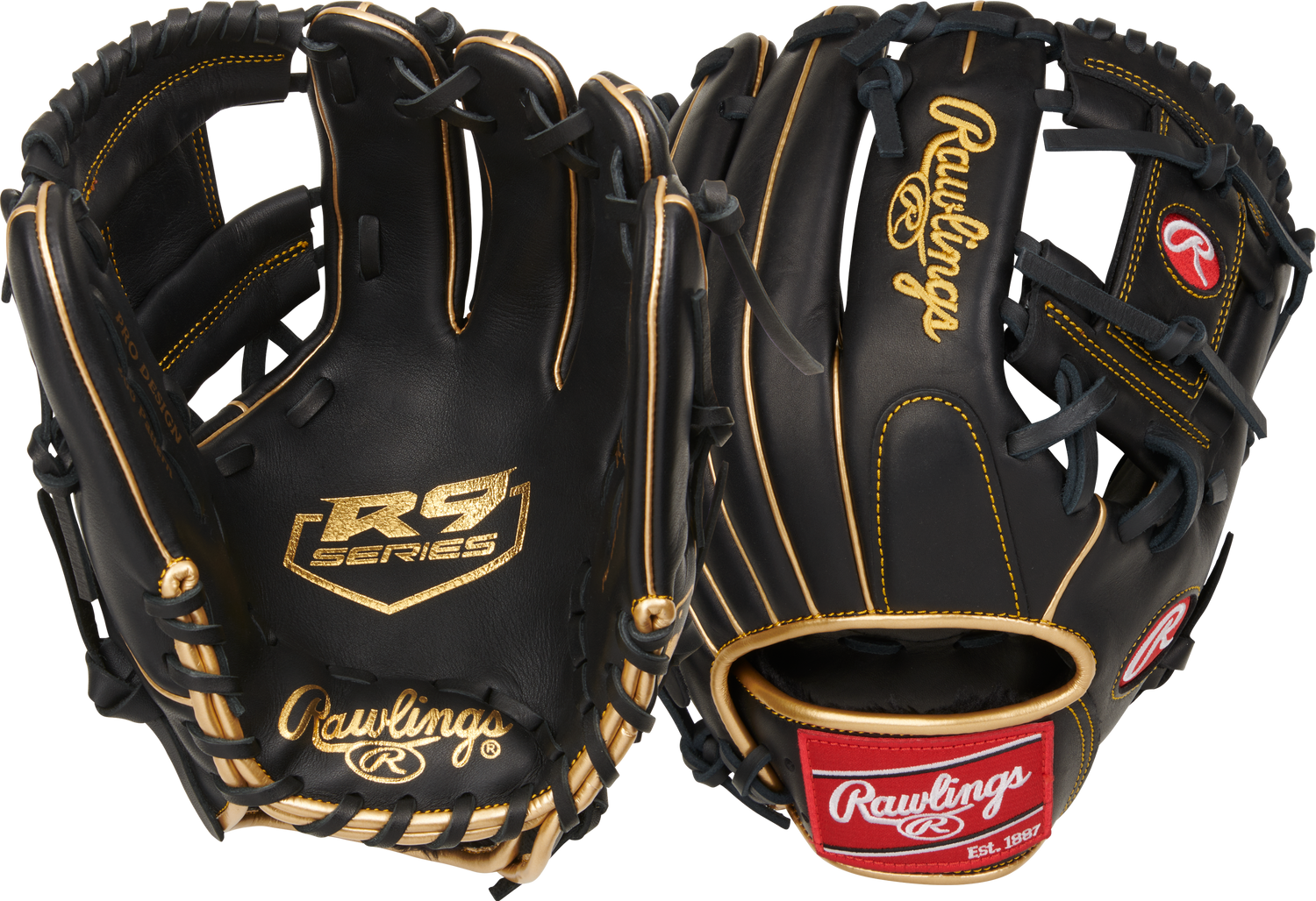 Rawlings-R9-Series-R9204-2BG-11-5-Inch-Black-Gold-Pro-I-Web-Infield-Baseball-Glove-Front-Back-View