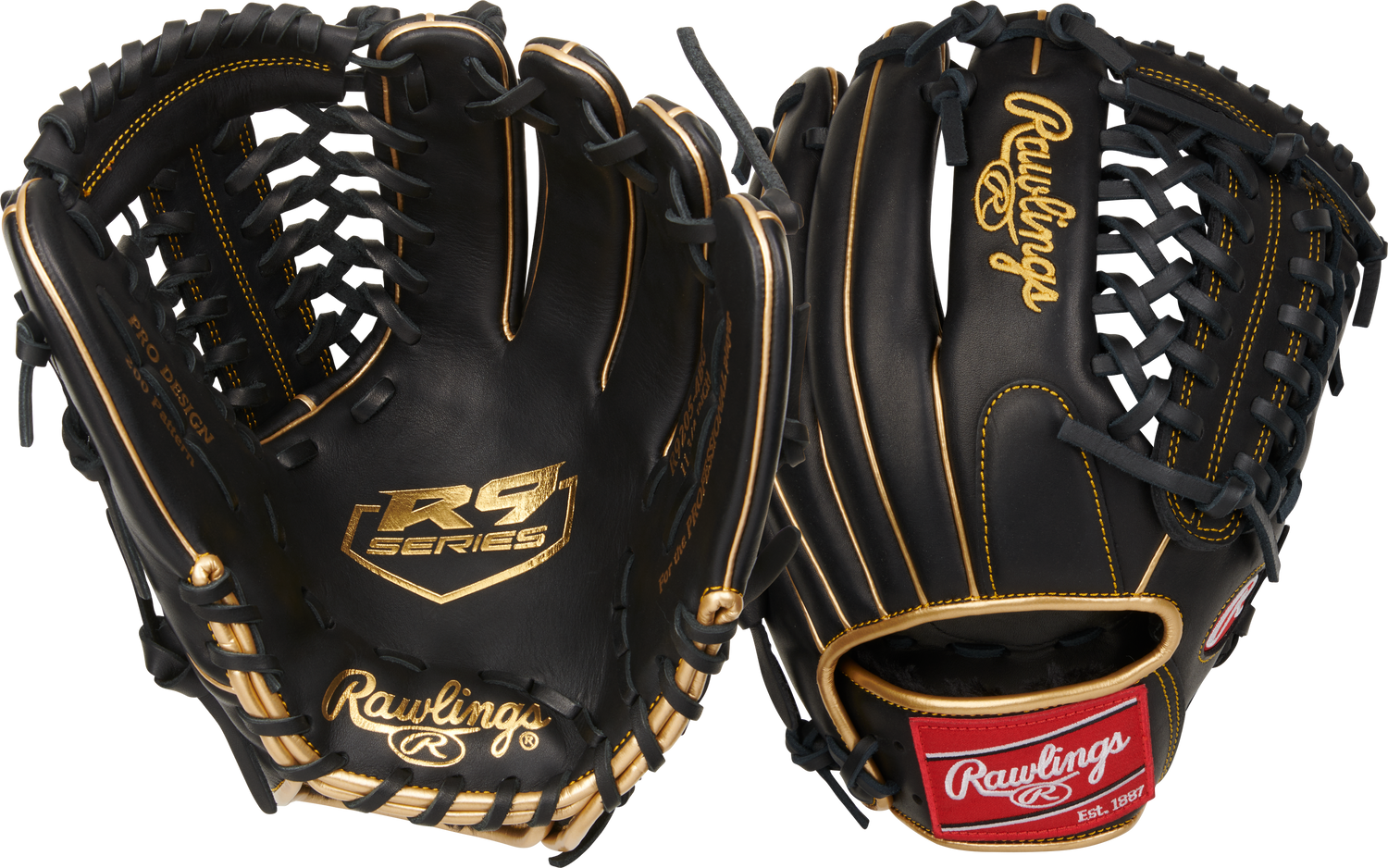 Rawlings-R9-Series-R9205-4BG-11-75-Inch-Black-Gold-Infield-Pitcher-Baseball-Glove-Front-Back-View