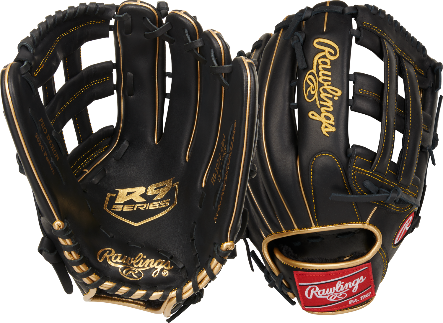 Rawlings-R9-Series-R93029-6BG-12-75-Inch-Black-Gold-Pro-H-Web-Outfield-Baseball-Glove-Front-Back-View