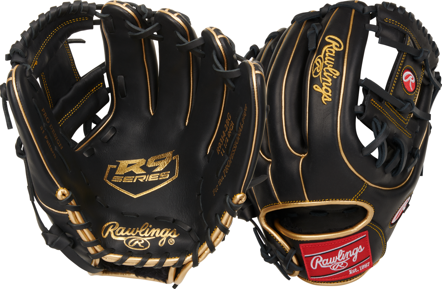 Rawlings-R9-Series-R9314-2BG-11-5-Inch-Black-Gold-Pro-I-Web-Youth-Infield-Baseball-Glove-Front-Back-View
