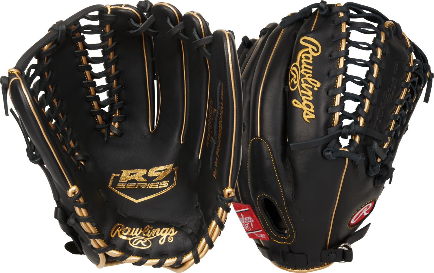 Rawlings-R9-Series-R96019BGFS-12-75-Inch-Black-Gold-Outfield-Baseball-Glove-Front-Back-View