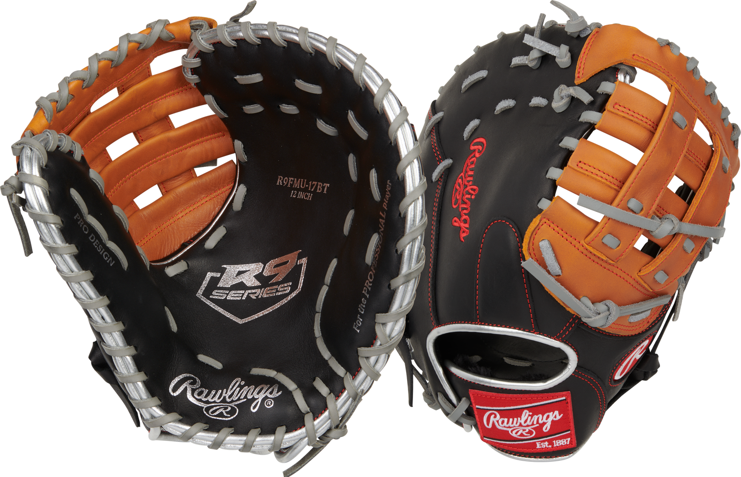 Rawlings-R9-Series-R9FMU-17BT-12-Inch-Black-Tan-Gray-ContoUR-Youth-First-Base-Mitt-Front-Back-View