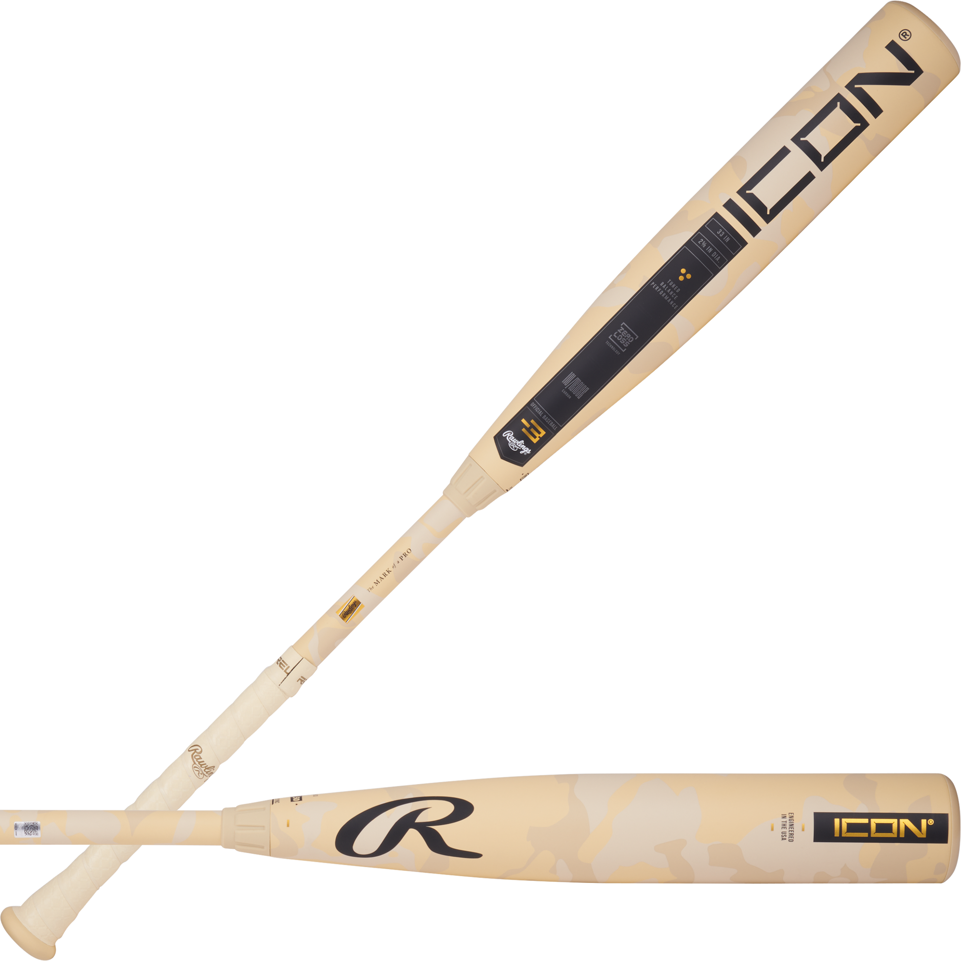 2025 Rawlings Icon -3 BBCOR Baseball Bat RBB5I3 with sand camo design, featuring advanced In/Tense Carbon Composite and Zero-Loss collar for power and performance, available at SPC Sports