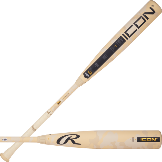 2025 Rawlings Icon -3 BBCOR Baseball Bat RBB5I3 with sand camo design, featuring advanced In/Tense Carbon Composite and Zero-Loss collar for power and performance, available at SPC Sports