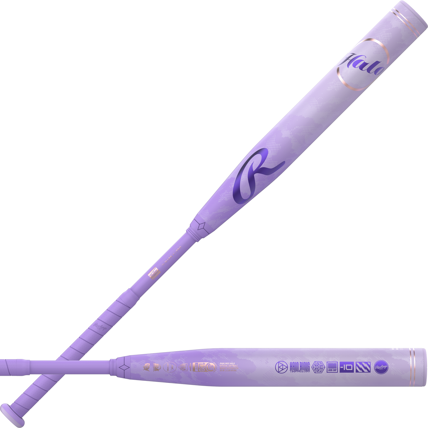 2027-rawlings-rfp7halo9-halo-9-fastpitch-softball-bat-lavender-purple-balanced-alloy-bat-front-and-side-view