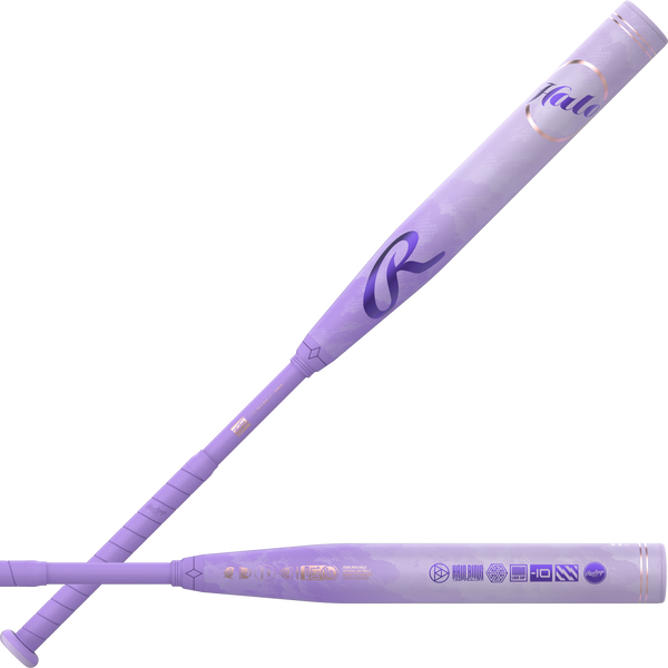 2027-rawlings-rfp7halo9-halo-9-fastpitch-softball-bat-lavender-purple-balanced-alloy-bat-front-and-side-view