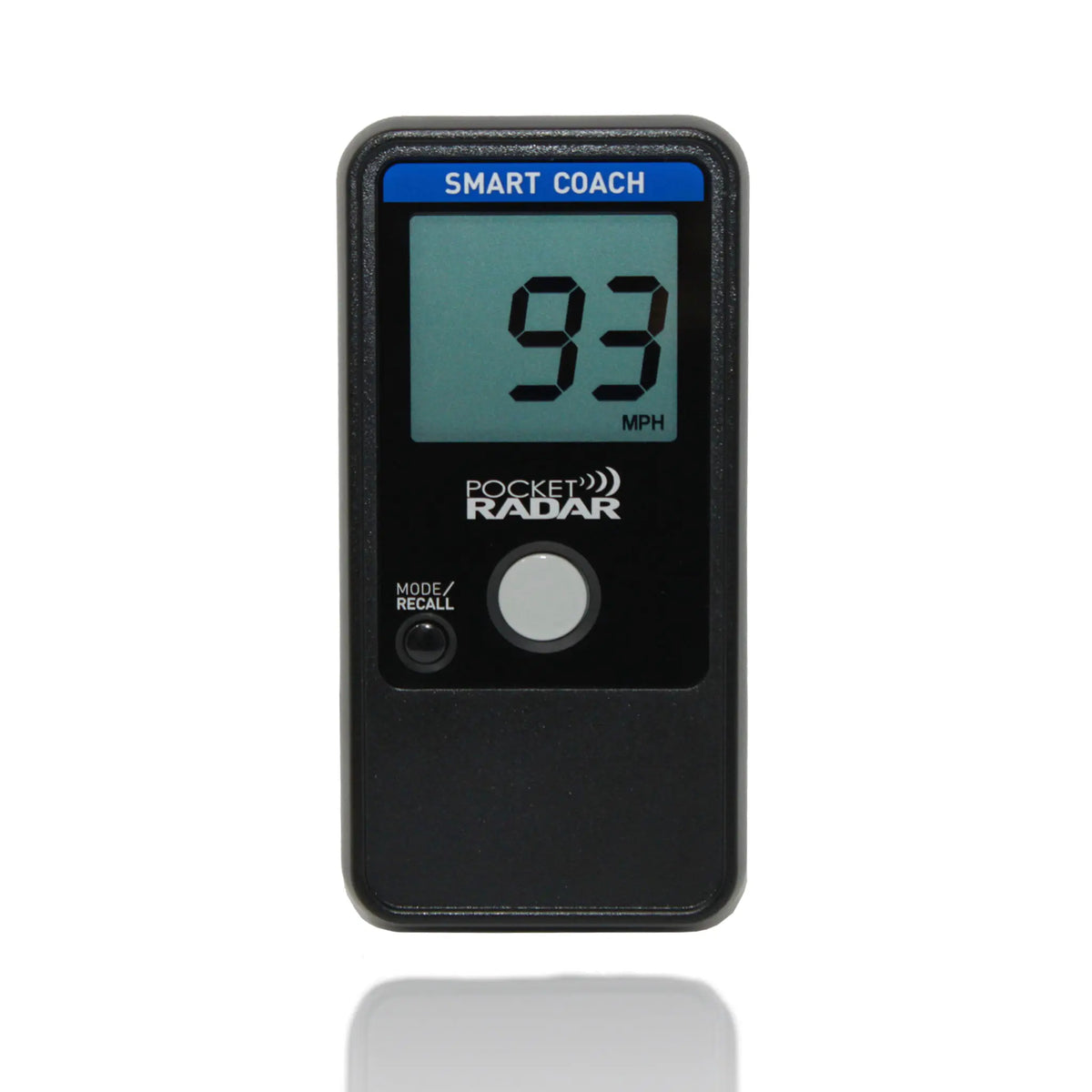 pocket-radar-sr1100-black-blue-smart-coach-radar-gun-front-view-displaying-93-mph