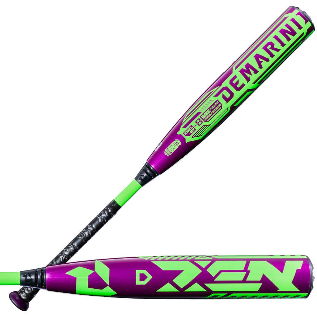 2027-demarini-zen-8-usssa-baseball-bat-wbd2709010-purple-green-composite-bat-front-view