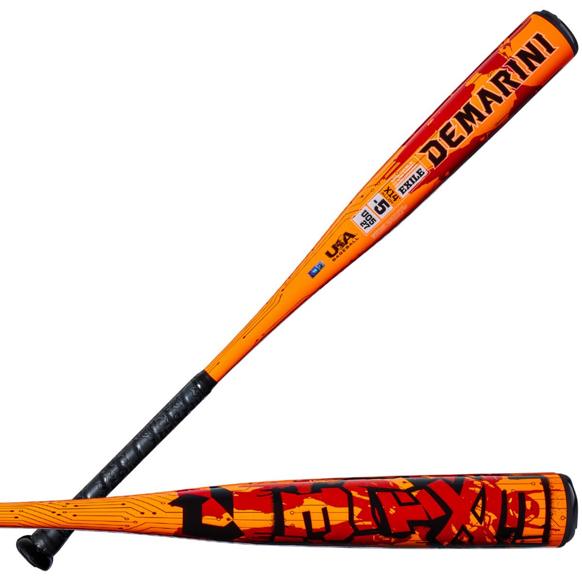 2027-DeMarini-EXILE-5-USA-Baseball-Bat-WBD2720010-orange-black-one-piece-alloy-youth-baseball-bat-side-view