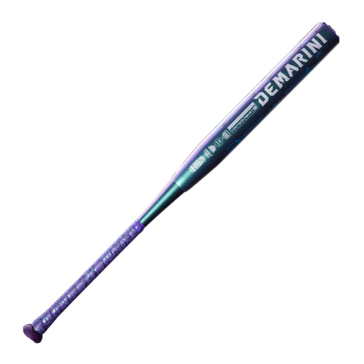demarini-vizion-10-fastpitch-softball-bat-wbd2728010-purple-blue-iridescent-barrel-angle-view-associations