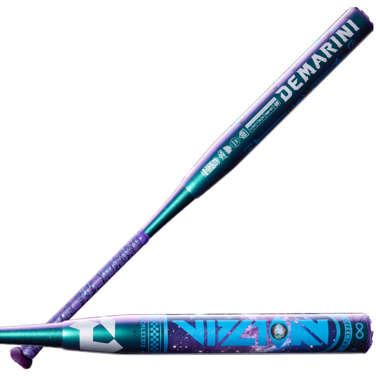 demarini-vizion-10-fastpitch-softball-bat-wbd2728010-purple-blue-iridescent-barrel-angle-view