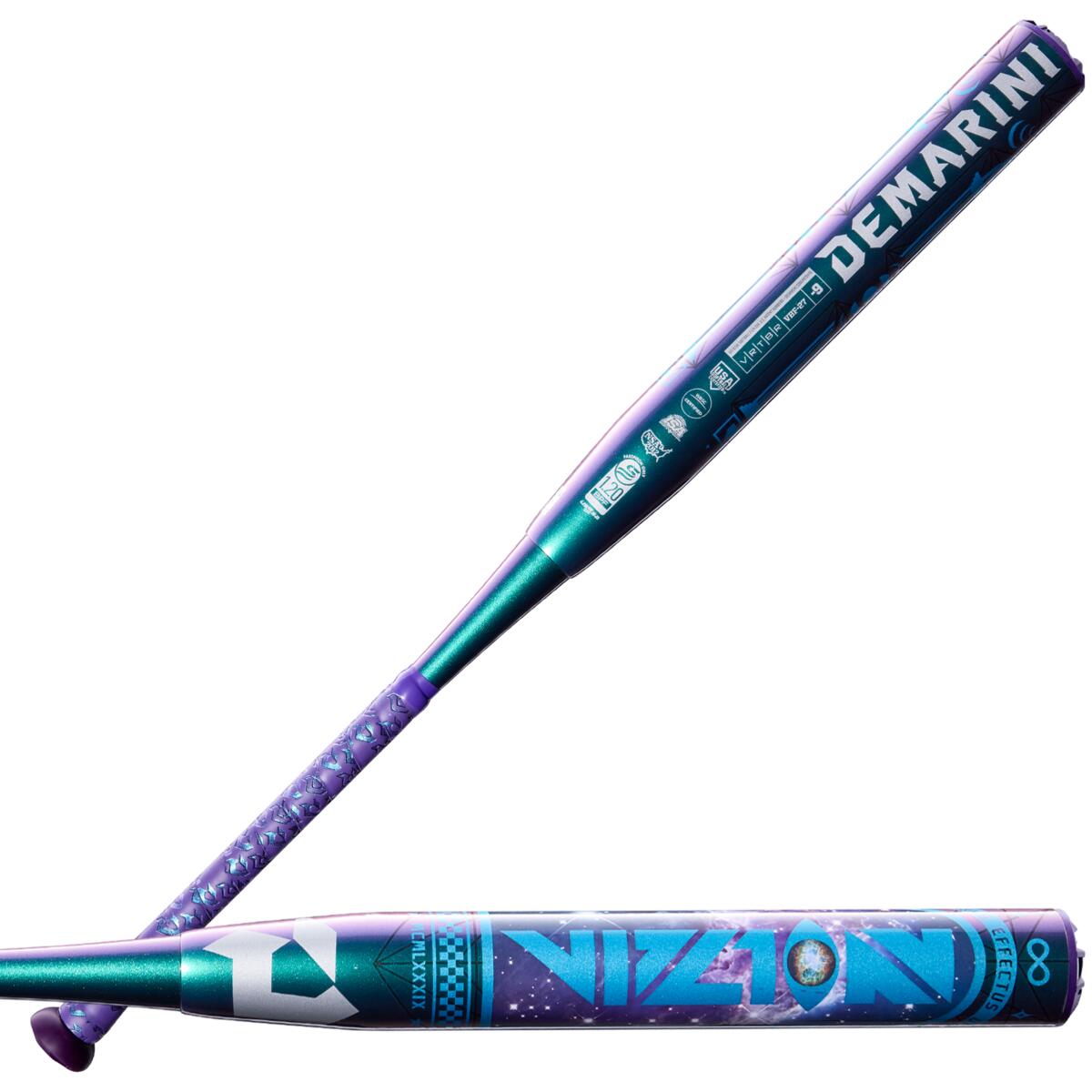 demarini-vizion-9-fastpitch-softball-bat-wbd2729010-purple-blue-iridescent-barrel-angle-view