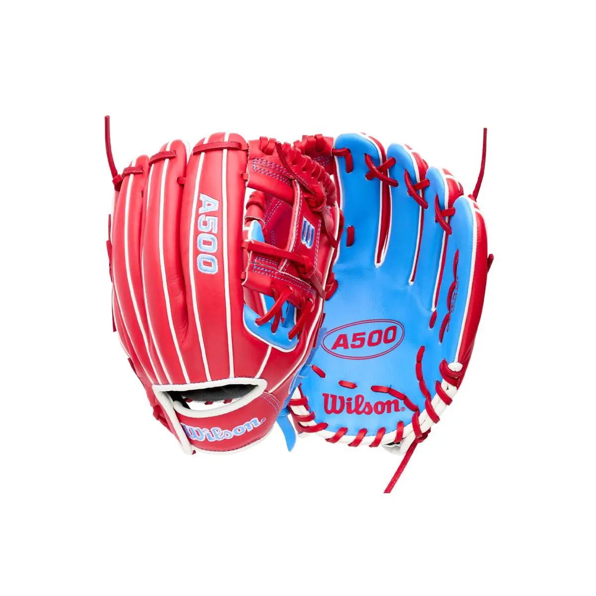 wilson-wbg08501rt11-a500-cool-blue-red-white-youth-baseball-glove-front-and-back-views-on-white-background