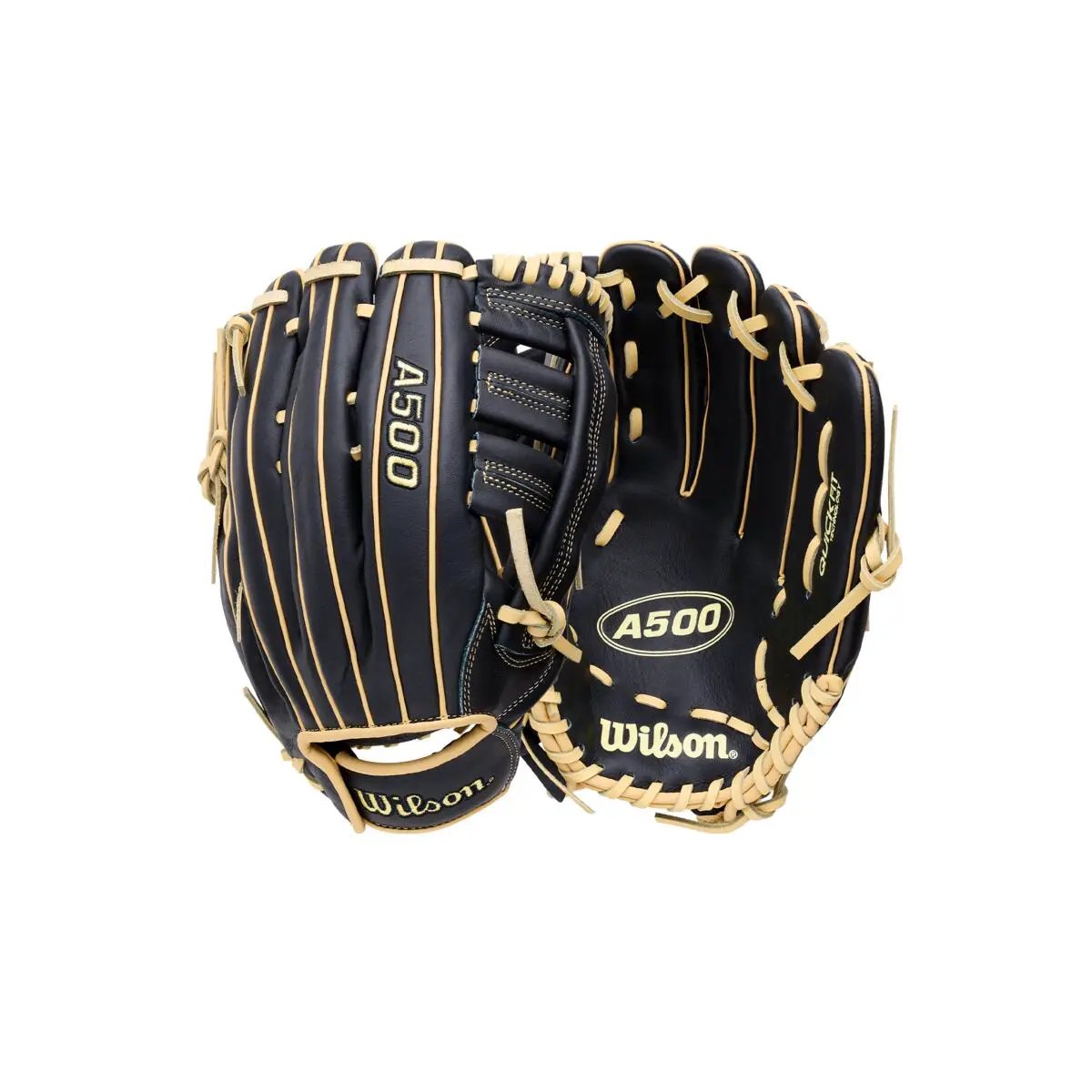 wilson-wbg08801rt125-a500-black-blonde-white-youth-baseball-glove-front-and-back-views-on-white-background