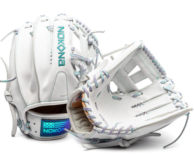 nokona-wht-ep1150v-white-fastpitch-softball-glove-pastel-lacing-teal-lettering-front-and-back-views
