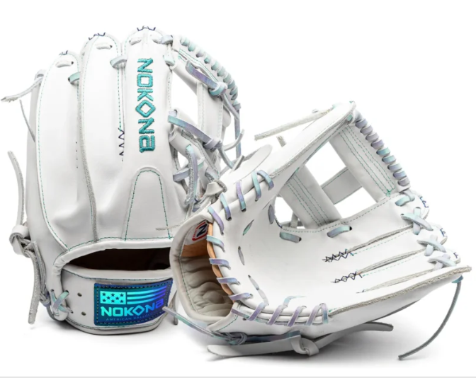nokona-wht-ep1175i-white-i-web-fastpitch-softball-glove-pastel-gradient-lacing-teal-lettering-front-and-back-views