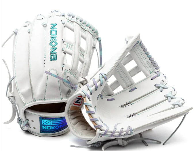 nokona-wht-ep1200h-white-h-web-fastpitch-softball-glove-pastel-gradient-lacing-teal-lettering-front-and-back-views