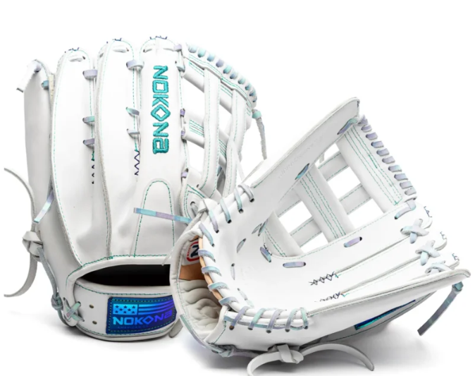 nokona-wht-ep1250h-white-h-web-outfield-fastpitch-softball-glove-pastel-gradient-lacing-teal-lettering-front-and-back-views