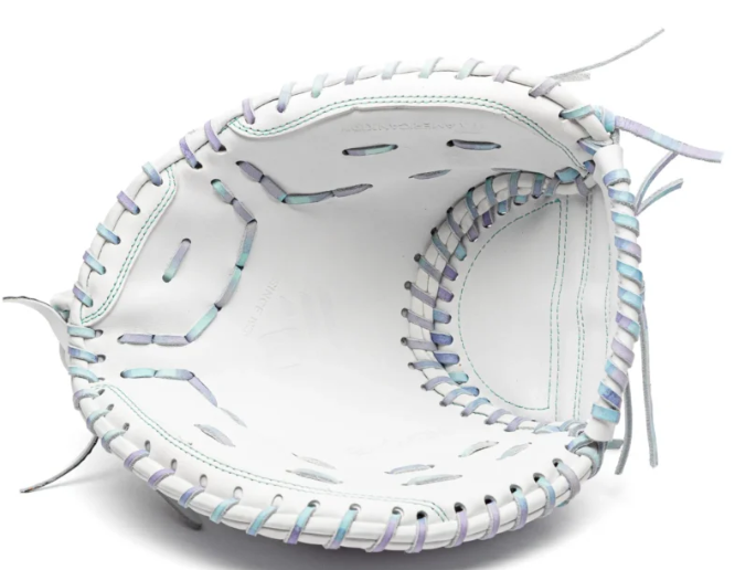 nokona-wht-epv3250c-white-closed-web-fastpitch-softball-catchers-mitt-pastel-gradient-lacing-teal-lettering-front