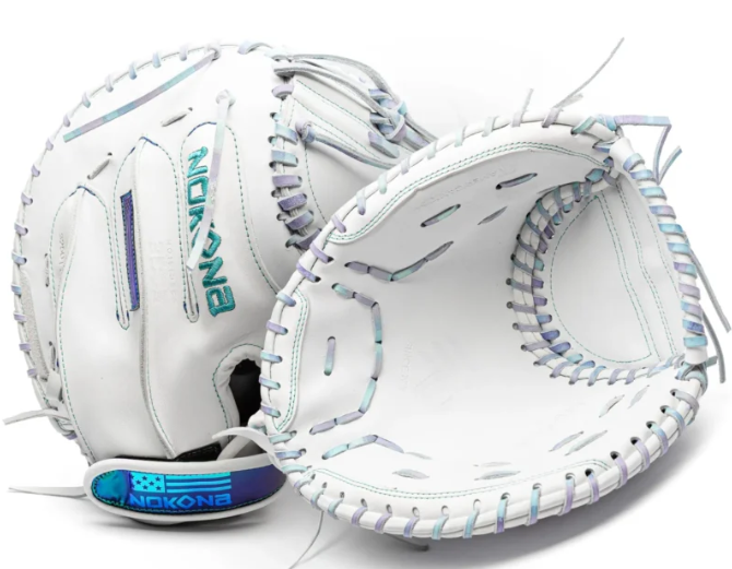 nokona-wht-epv3250c-white-closed-web-fastpitch-softball-catchers-mitt-pastel-gradient-lacing-teal-lettering-front-and-back-views